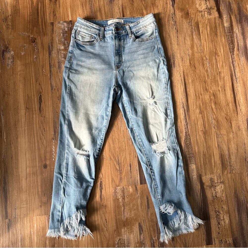 Kancan Light Wash Fringe Hem Skinny Jeans
